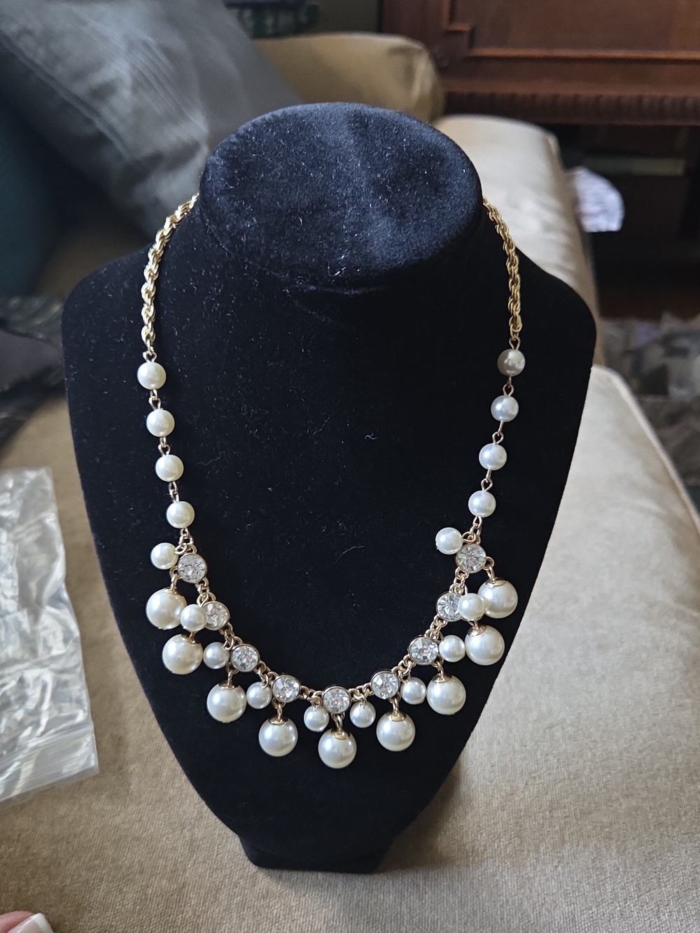Monet Gold-Tone Pearl and Crystal Drop Necklace